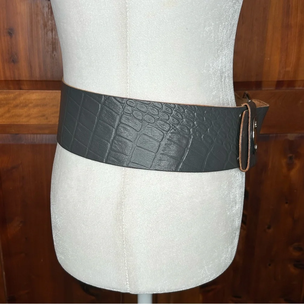 Vintage '84 Paris Statement Wide Belt Croute de Cuir Leather with Silver Buckle